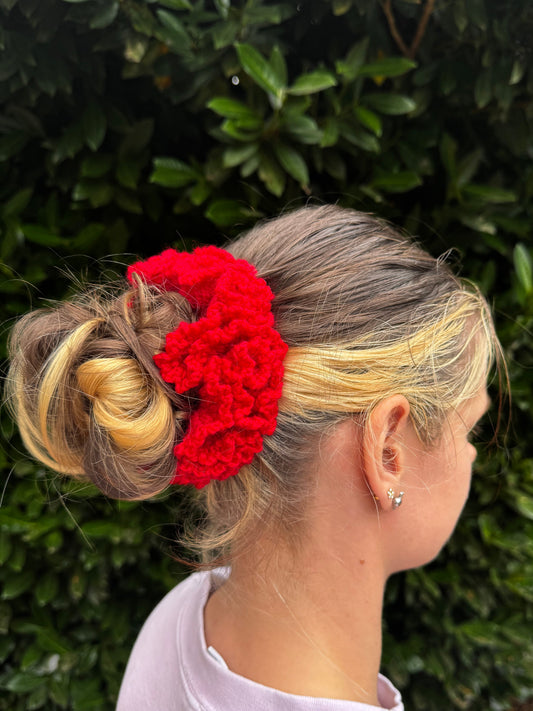 Crochet Chunky Red Rose Scrunchie